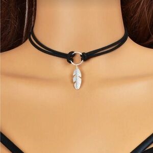 Silver Feather Pendant Black Double Layer Choker Necklace
